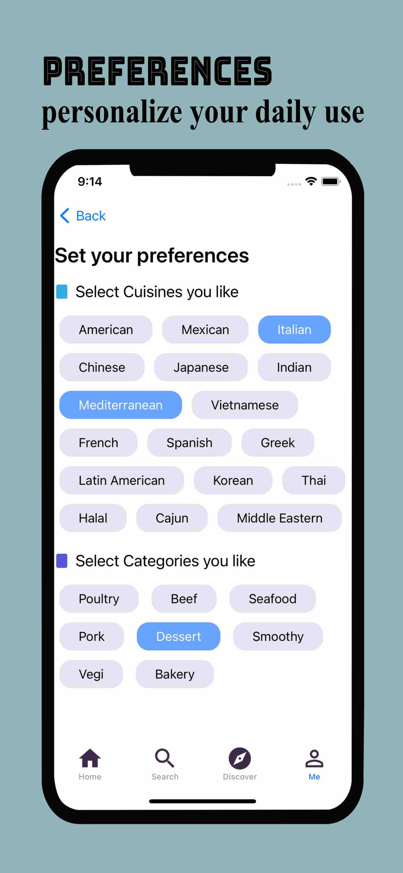 FoodSpot set preferences for personalized experience